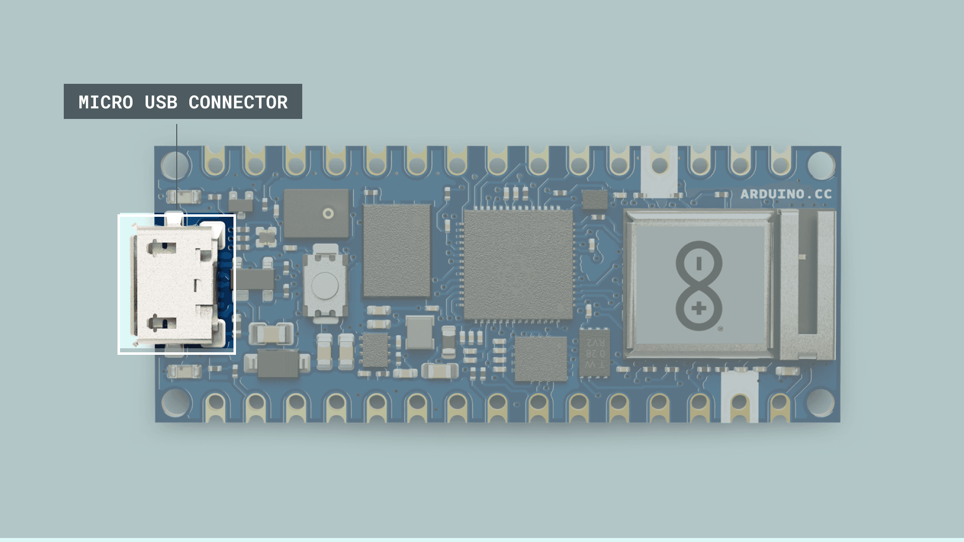 Micro USB connector of the Arduino Nano RP2040 board.